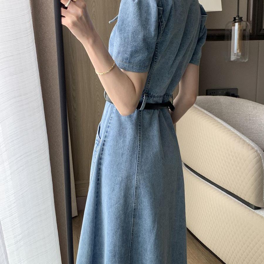 High-End Blue Retro Denim Summer Dress for Women 2026: Slimming Waist-Cinched, Temperament Fashion, Long Commute Style