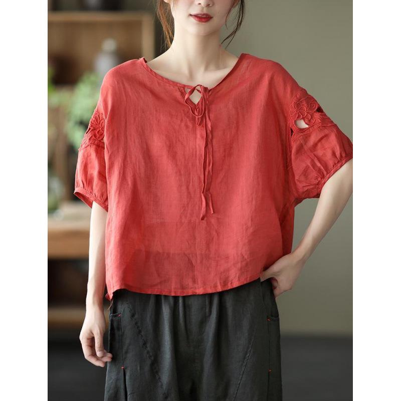 2025 Summer Embroidered Cotton Linen Lace-up Top XL красный
