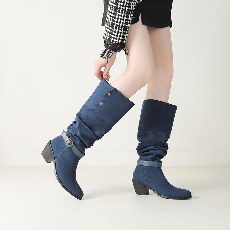 Women's high-heeled boots autumn and winter new thick-heeled suede mid-boots in size