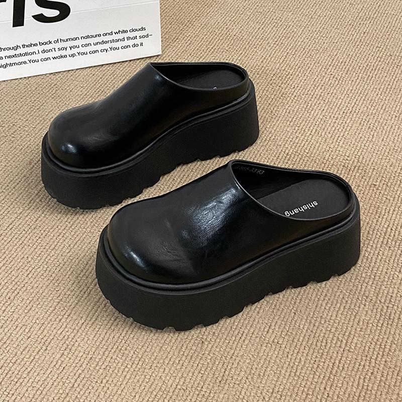 CRLAYDK Women's Platform Heel Mules Casual Shoes Closed Toe Backless Slip On Leather Walking Increase Height Wedge Slippers