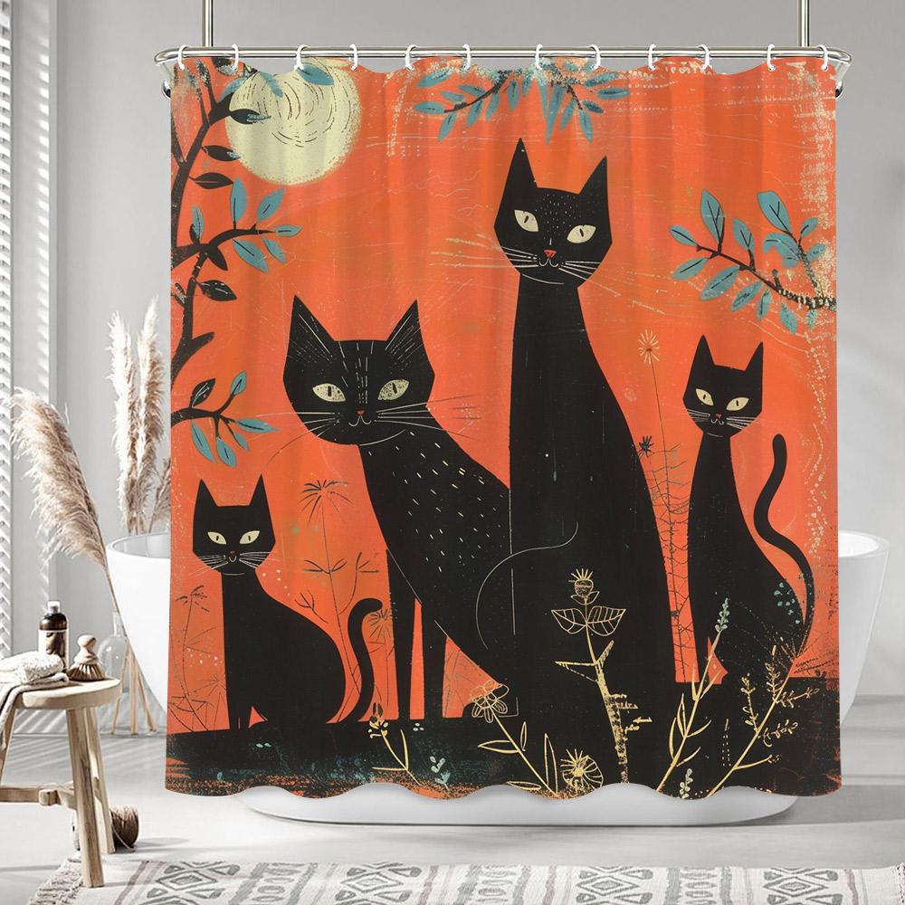 Schwarze Katze Ölmalerei Kunstwerk Duschvorhang Bohemian Sandfarben Bunt Bemalt Polyester Badezimmer Vorhänge Badezimmer Dekor mit Haken