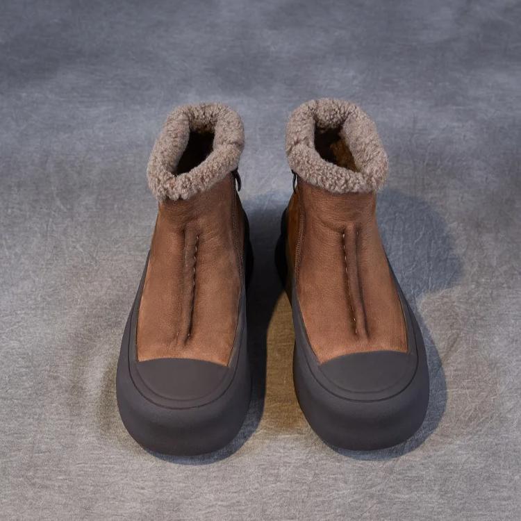 Johnature Retro Plush Warm Women's Boots Genuine Leather Thick Soled Casual Versatile Short Boots