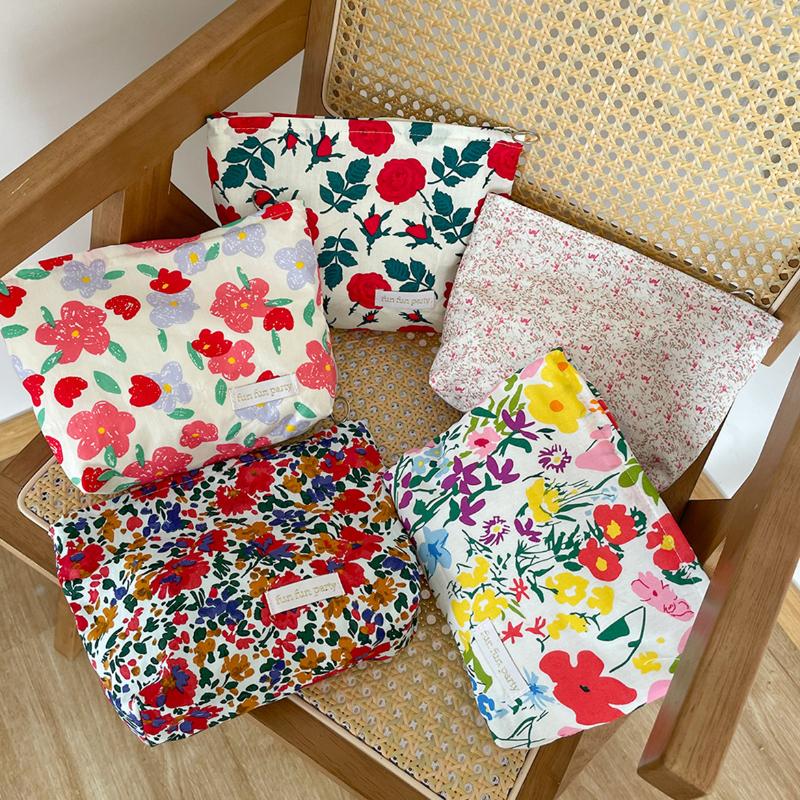 Vintage Flower Print Ladies Storage Bag Soft Cotton Women's Cosmetic Bags Make Up Case Female Girls Flora Handbags Clutch Purse