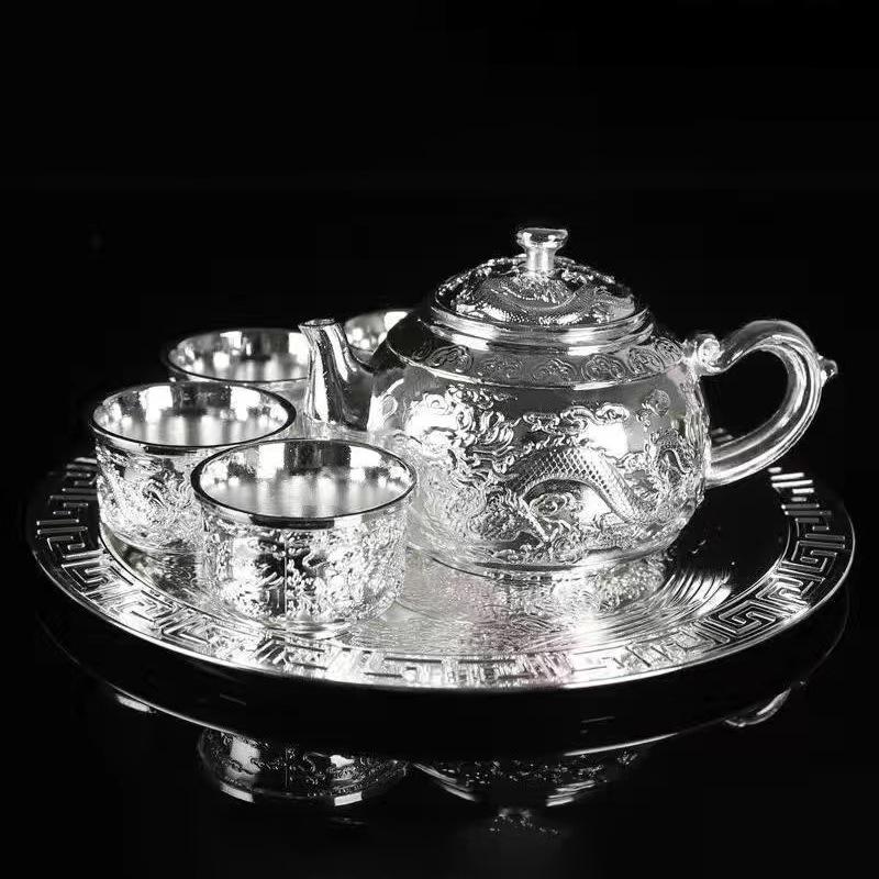 Dragon & Phoenix Sterling Silver Tea & Wine Set: 1 Plate, 1 Pot, 4 Cups in Chinese Gift Box