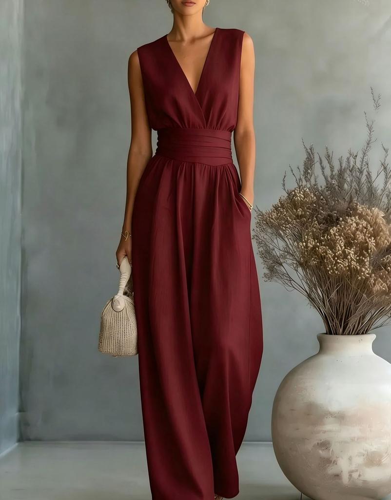 Women Spring Summer New V-neck Waist Slim Elegant Jumpsuit