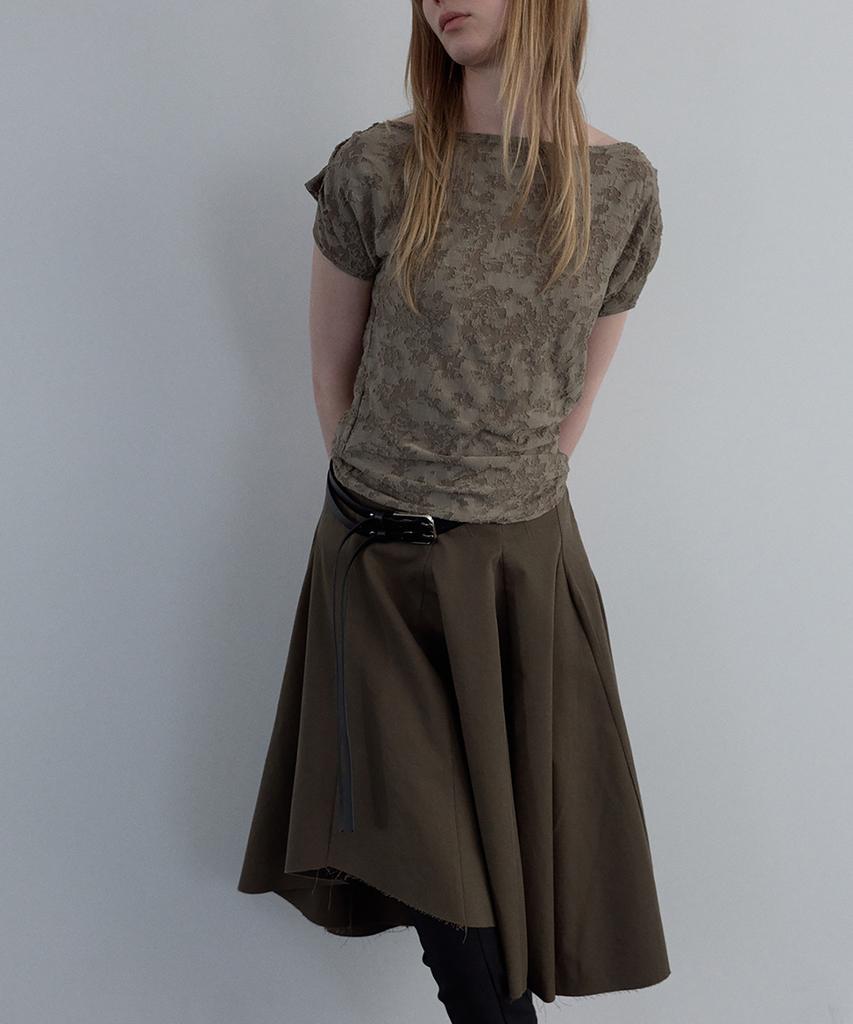 Unessin Asymmetric Cutting Midi Skirt_Khaki