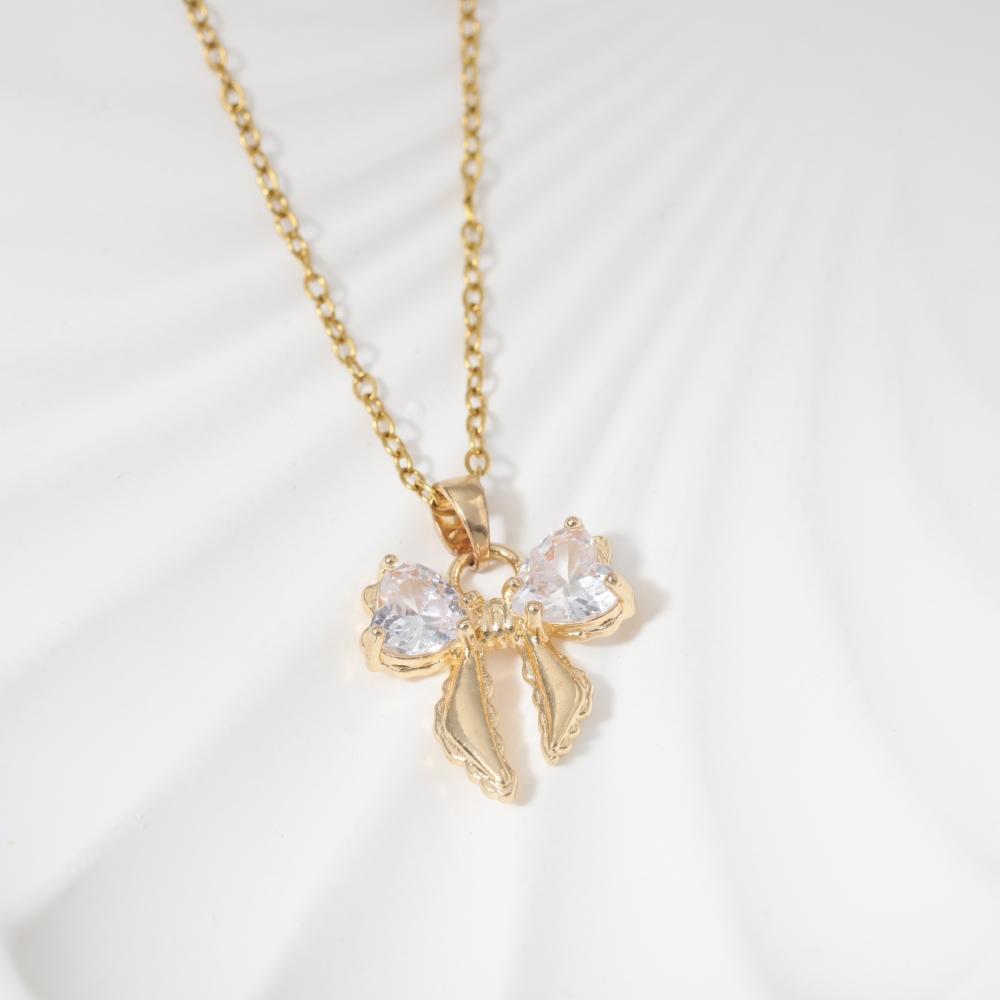 Cute Zirconia Heart Bow Pendant Necklace Jewelry for Women