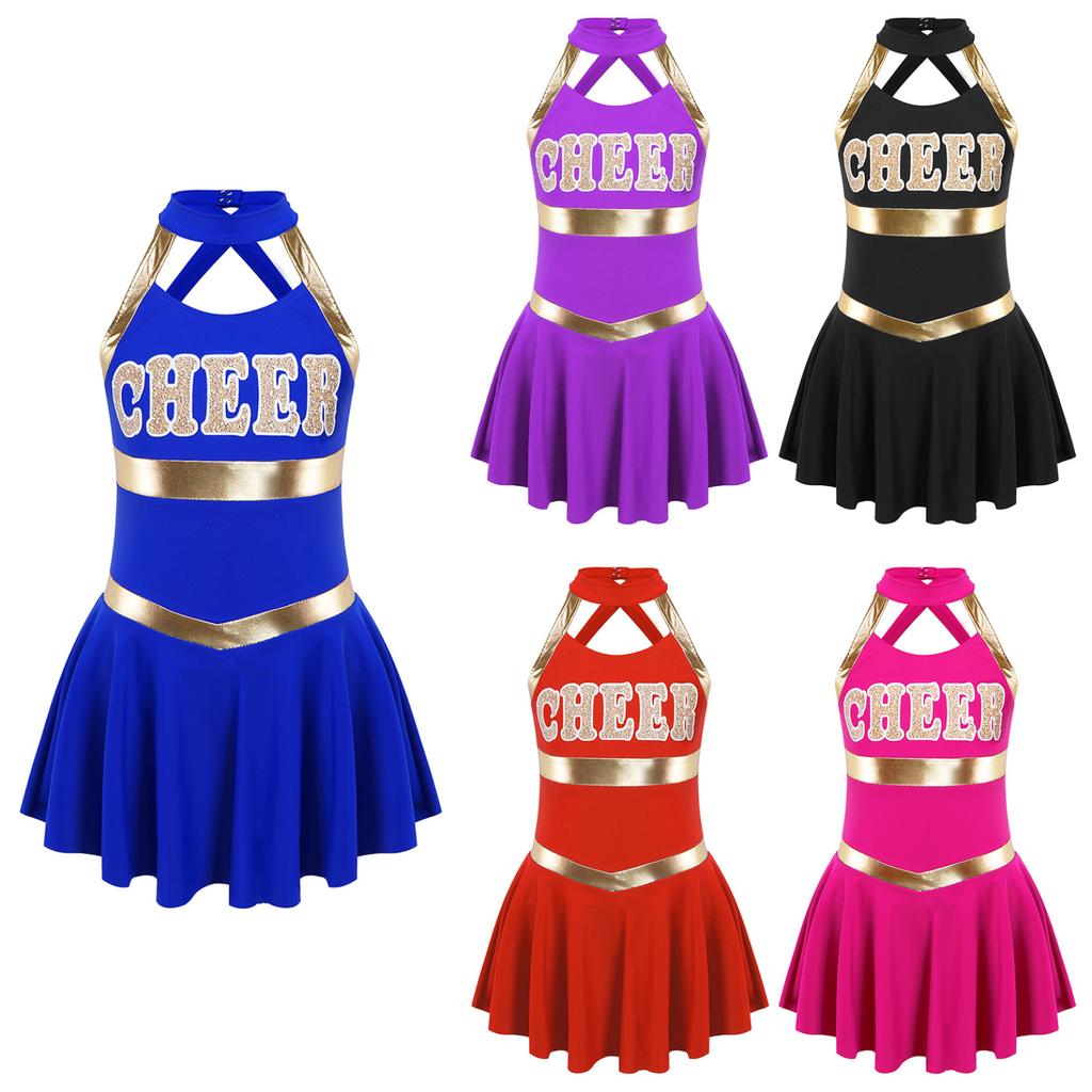 Kid Girls Cheerleading Skating Costume Hollow Back Pleated Dance Dress Stage Competition Dancewear Sport Meeting Team Uniform