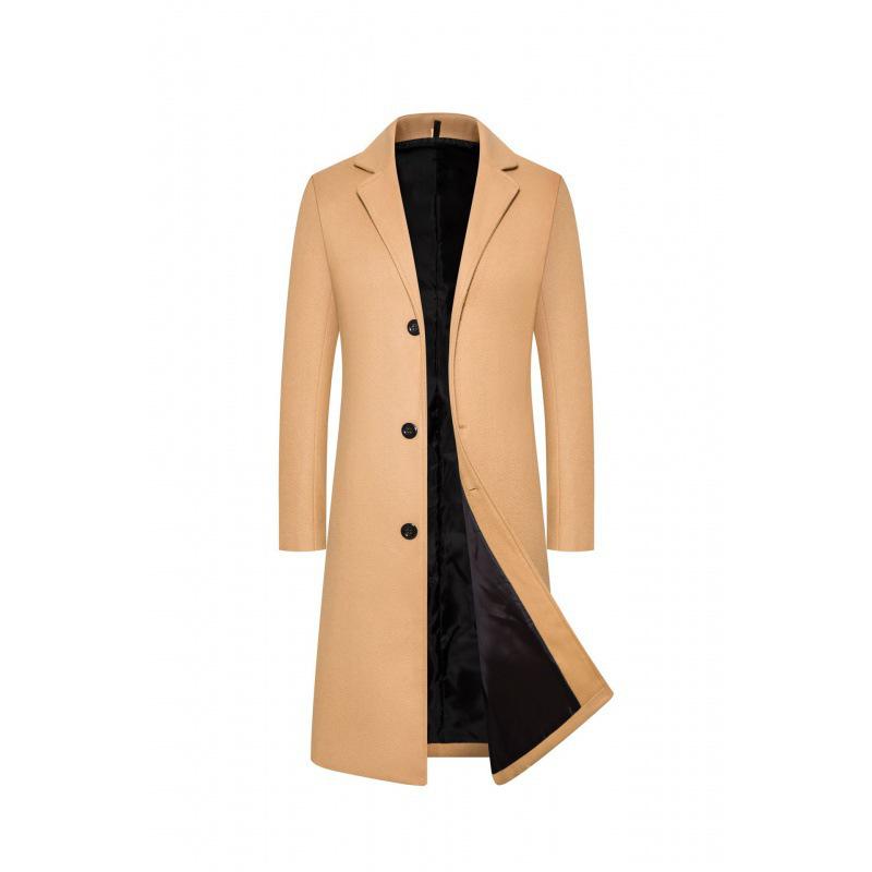 Men's Mid-Length Woolen Coat: Solid Color Single-Breasted Trench for Autumn/Winter
