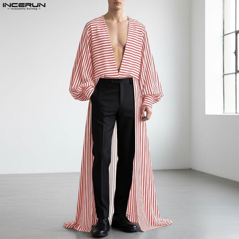 INCERUN Spring Men Neck Long Sleeve Striped Irregular Casual Long Cardigan Shirts Tops