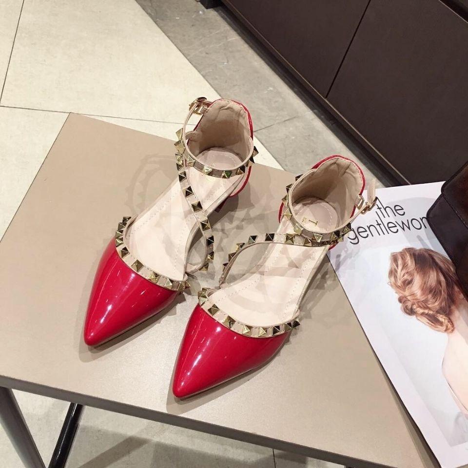 2025 Spring Summer Shoes Women Low Heels Fashion Brand Pointed Toe Rivets Elegant Ladies Heel 3cm Black Red Plus Size 41