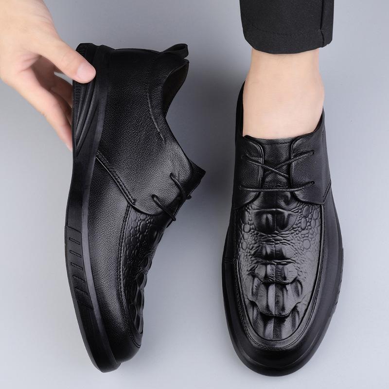 7 Men'S Shoes, Leather Shoes, Genuine Leather Dress Casual Shoes, Spring Low-Top Overalls, Crocodile Pattern Cowhide Surface Flat-Soled Single Shoes