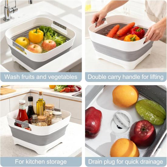 Upgraded 2.4 Gal (9L) Collapsible Dish Basin With Drain Plug, Space Saving Multiuse Foldable Sink Tub, Dishpan, Beverage Tubs For Camping, Vegetable