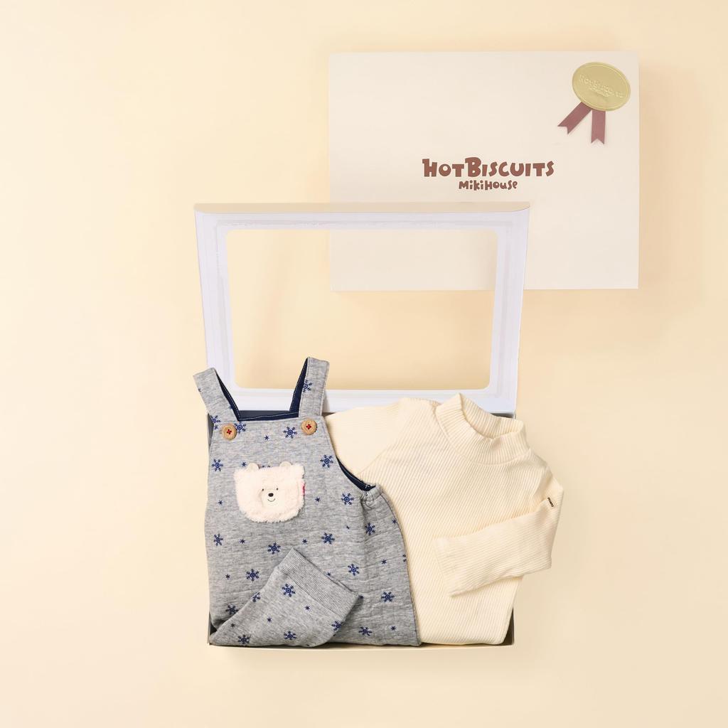 MIKI HOUSE HOT BISCUITS Overalls Gift Set for Boys and Girls, Baby Clothes, Baby Gift, Gray, 80cm, Box Included, 74-9911-689