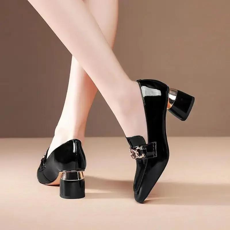 Square Heel Metal Chain Pumps Loafer Women Shoes Fashion Slip On Slipper Luxury Design Casual Mary Janes Shoes Spring Summer