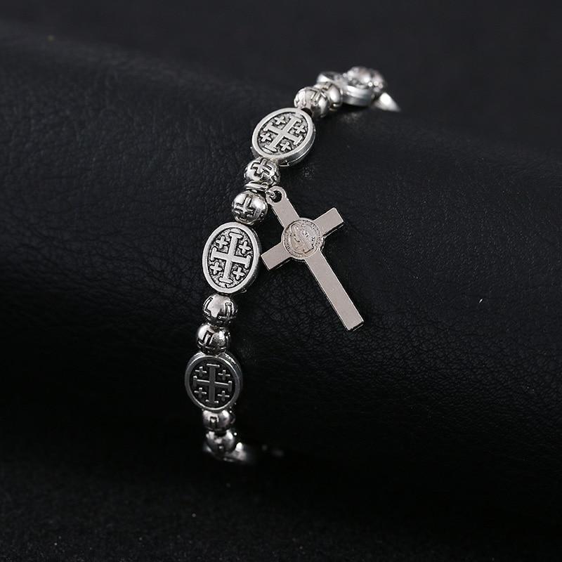 Handmade Rosary Bracelet Elasticated Metal Bracelet  Round Rose Alloy Beads Catholic Saints Images Prayer Bracelets