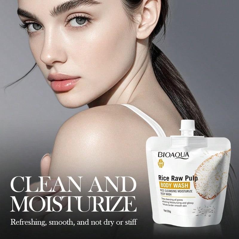 Kroppstvätt/schampo/balsam/bodylotion med rispuré rengör och återfuktar och avlägsnar djupt smuts från huden