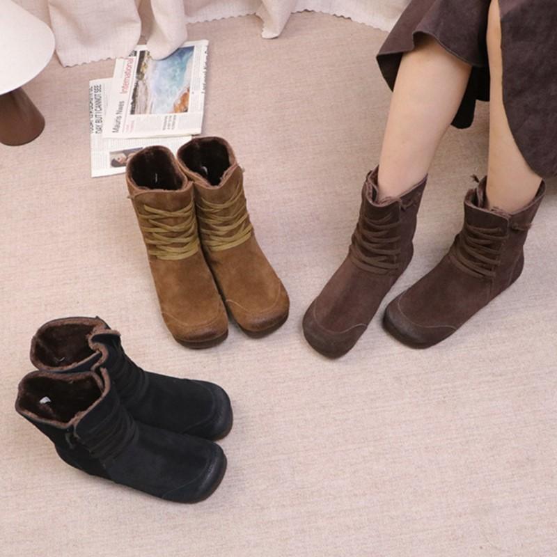 Johnature Plush Cow Suede Plush Women's Mid-calf Boots Retro Lace-up Warm Flat Bottom Snow Boots