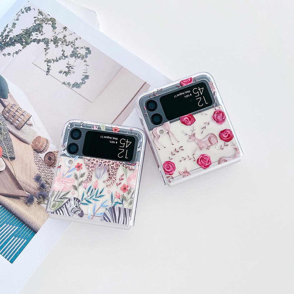For Samsung Galaxy Z Flip 4 3 Flip4 Flip3 Case Jungle Leopard Rose Deer Painted Transparent Shockproof Folding Hard Back Cover