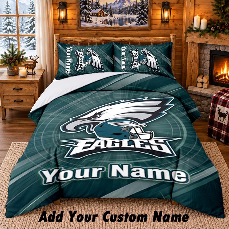 Philadelphia Eagles Pattern Bedding 3Pcs Set Custom Name, Bed Sheet And Pillowcases For Home Bedroom