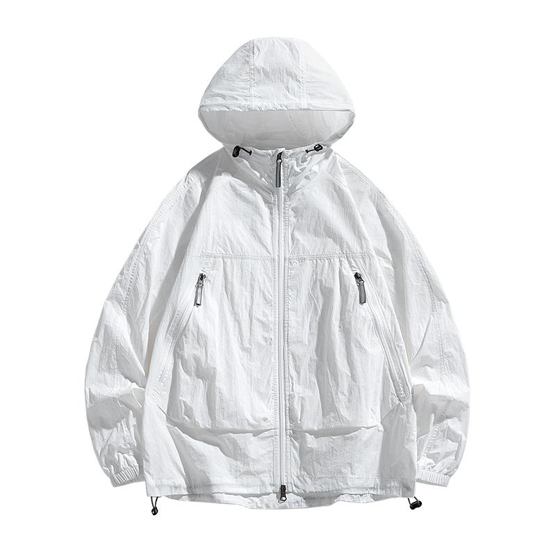 Men's Hooded Windbreaker Sunscreen Jacket - Ultra Light Summer Zipper Pocket Elastic Cuffs Suitable for Outdoor Hiking