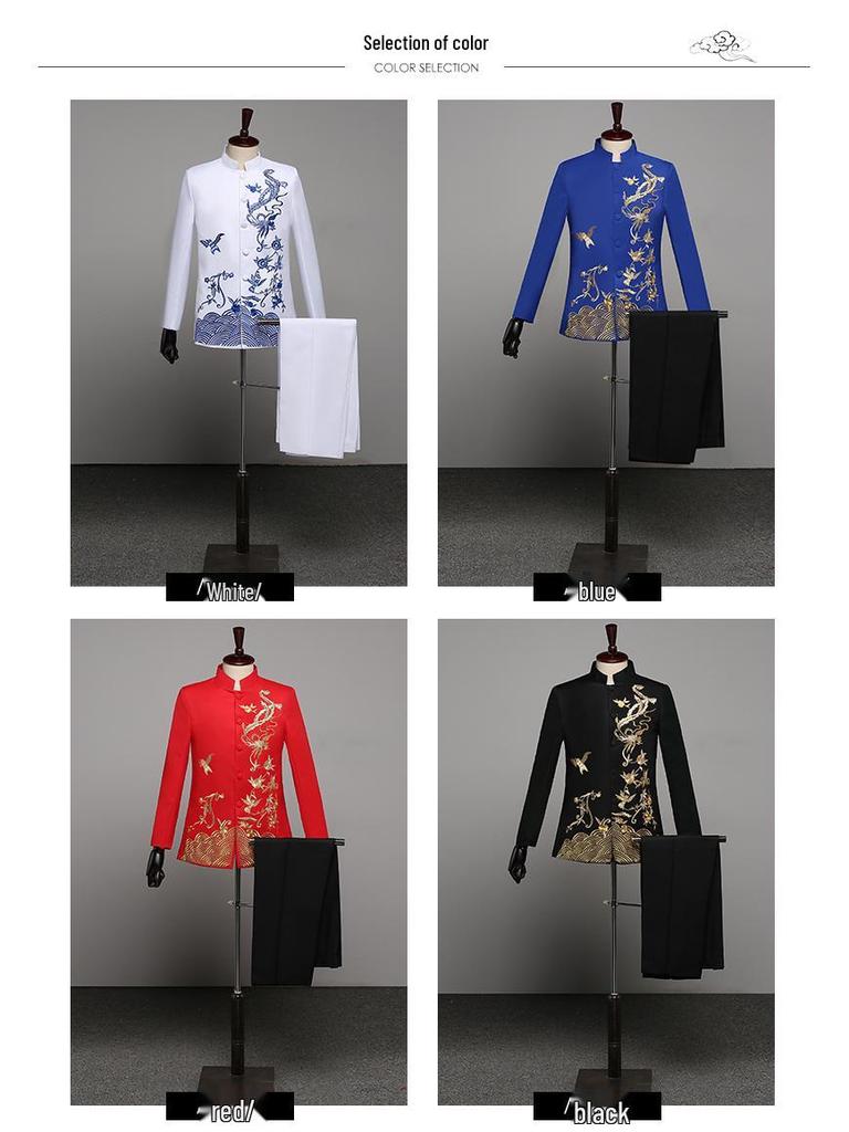 Men's Blue & White Porcelain Zhongshan Suit with Stand-up Collar & Embroidery for Performances