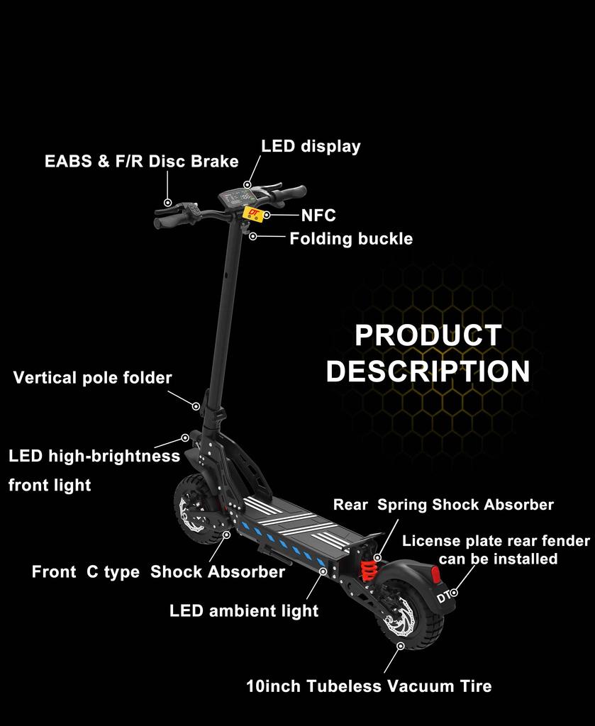 E-Scooter New DriveTron DT10 Foldable Adult Electric Scooter, 50km/h Electric Kick Scooter, 1000W Skateboards, 48V 15.6Ah Kickboard