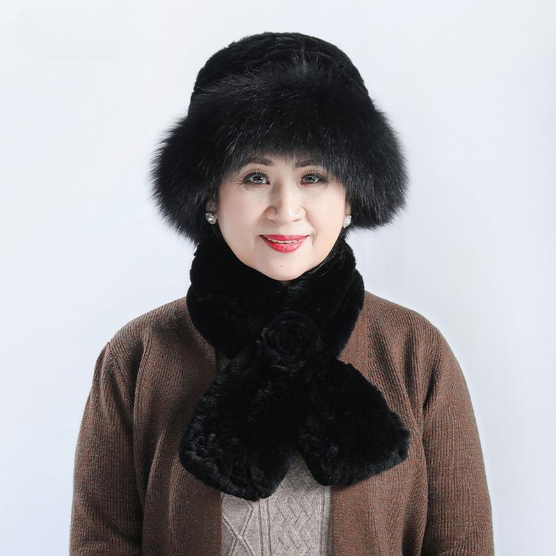 Fur Hat Female Winter Warm Rex Rabbit Hair Old Lady In The Elderly Mother Grandma Thickened Warm Hat Scarf