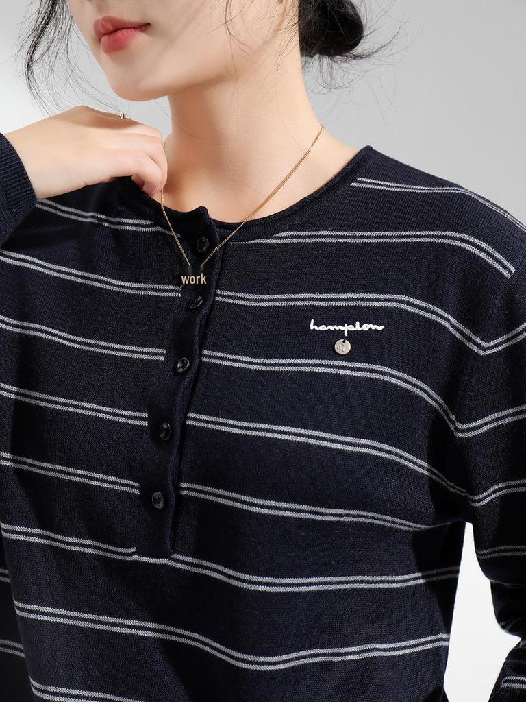 Women's Long Sleeve Merino Wool Striped Base Layer T-shirt, Autumn/Winter Outerwear or Innerwear, Cardigan Top.