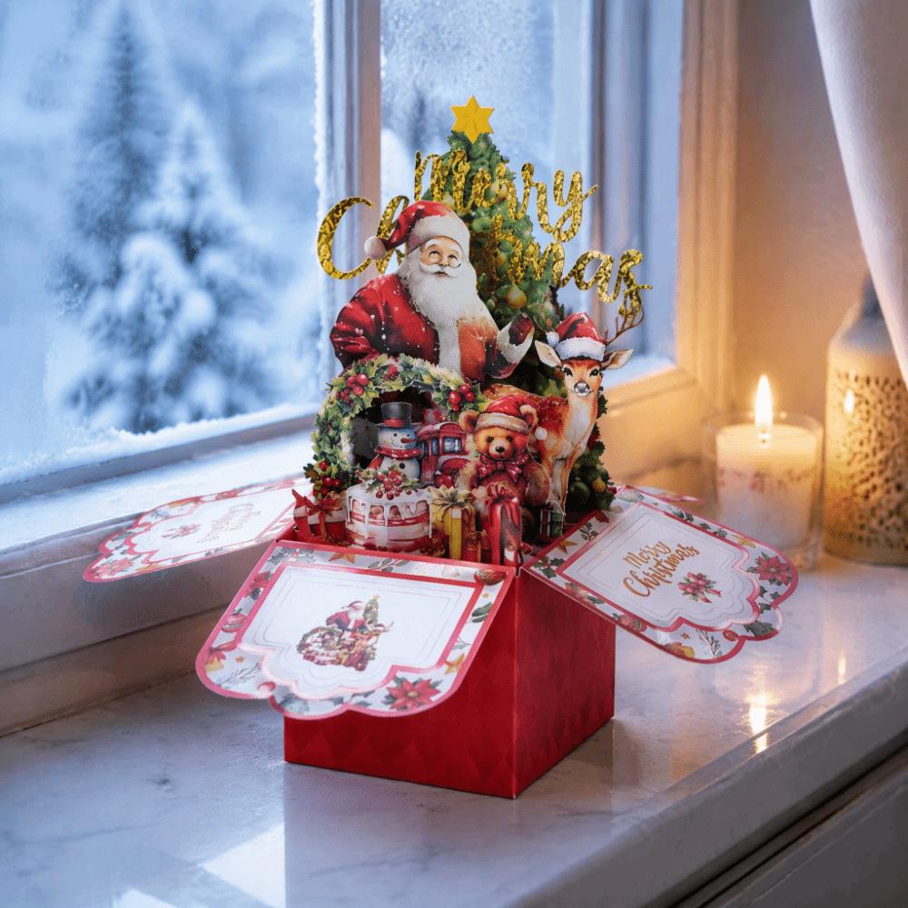 Cartoon Pattern 3D Pop Up Card 4-Layer Holiday Postcard Vintage Christmas Greeting Card Office