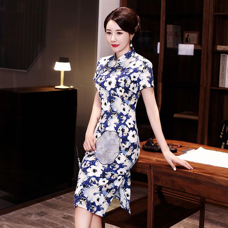 Summer Short-sleeved Cheongsam Chinese Style Dress Medium-length Large-size Dress
