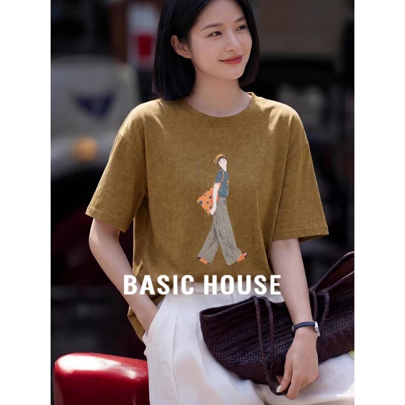Basic House Women s Printed Round Neck Short Sleeve T-Shirt One Size