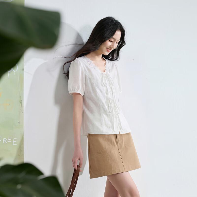 Sancai 2026 Summer Lace V-Neck Short Sleeve White Blouse
