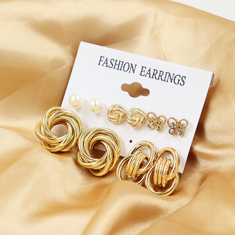 European & American Geometric C-Shaped Hoop Earrings: 6-Piece Gold & Pearl Wire-Wrapped Set for Women