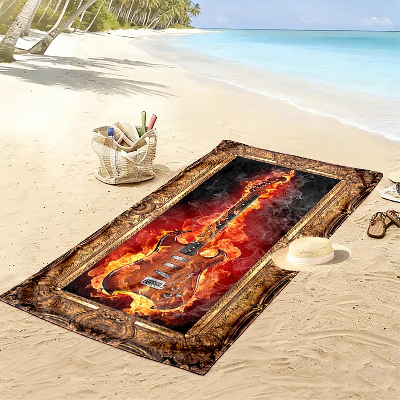 Fire Guitar Print Beach Towel, Large Soft Quick Dry Towel for Beach Camping Swimming