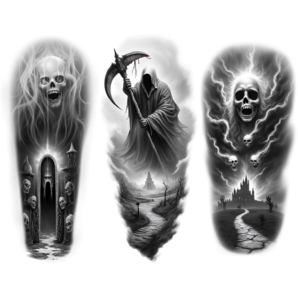 3pcs Temporary Tattoo Realistic Temporary Tattoos Skull With Reaper With Scythe Grim Reaper For Thighs Men Women