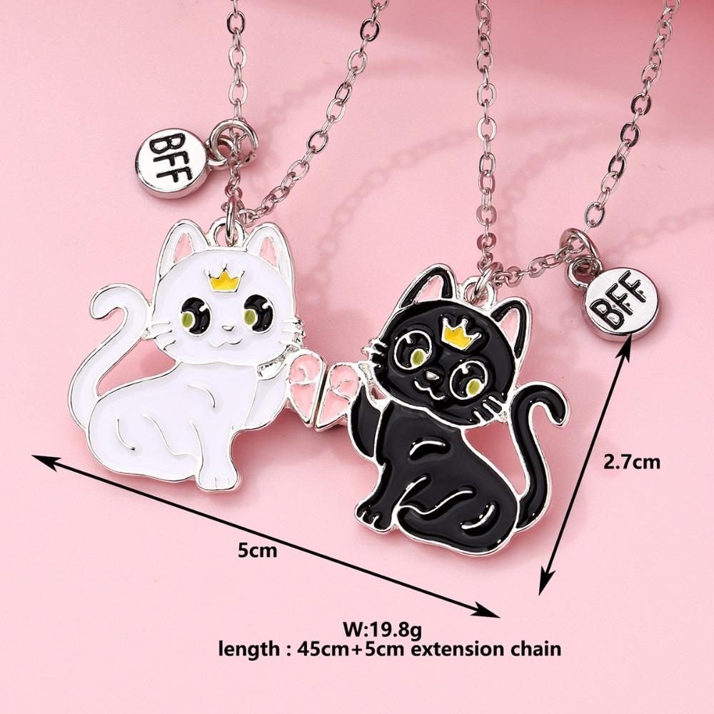2pcs Set Cute Cartoon Colorful Crown Kitten Magnetic Attraction Pendant Necklace for Girl Child Women Friends Jewelry Sets Gifts