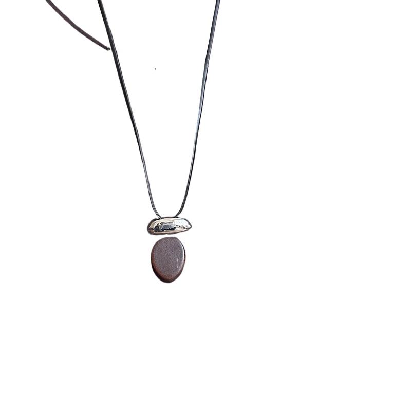 Vintage Wooden Oval Pendant Necklace for Women Minimalist Matte Metal Block Adjustable Leather Rope Sweater Chain Jewelry Gifts9