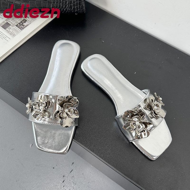 

Fashion Fashion Flower Women Slippers Sandals Shoes Summer Beach Slides Ladies Flats Slippers Shoes Female Flip Flops Big Size 43 35 серебряный
