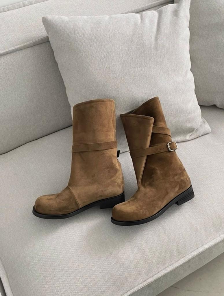 Korean Niche Folding Wide Tube Medium Boots Western Cowboy Boots Women's Autumn and Winter Thick Heel Round Head Belt Buckle Martin Boots