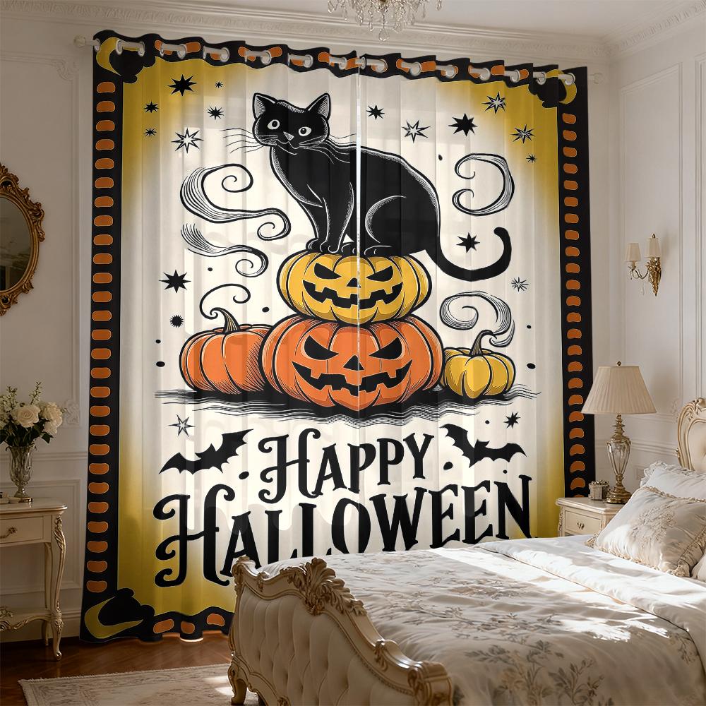 2pcs black cat pumpkin Halloween happy print curtains holes light blocking living rooms bedrooms home decorations