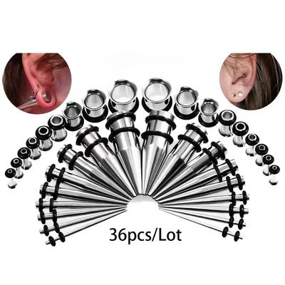 36PCS/Ensemble Kit d'Écarteurs d'Oreille 14-00G Acier Inoxydable Simple Évasé Bouchons Tunnels Flesh Tapers Set d'Écarteurs