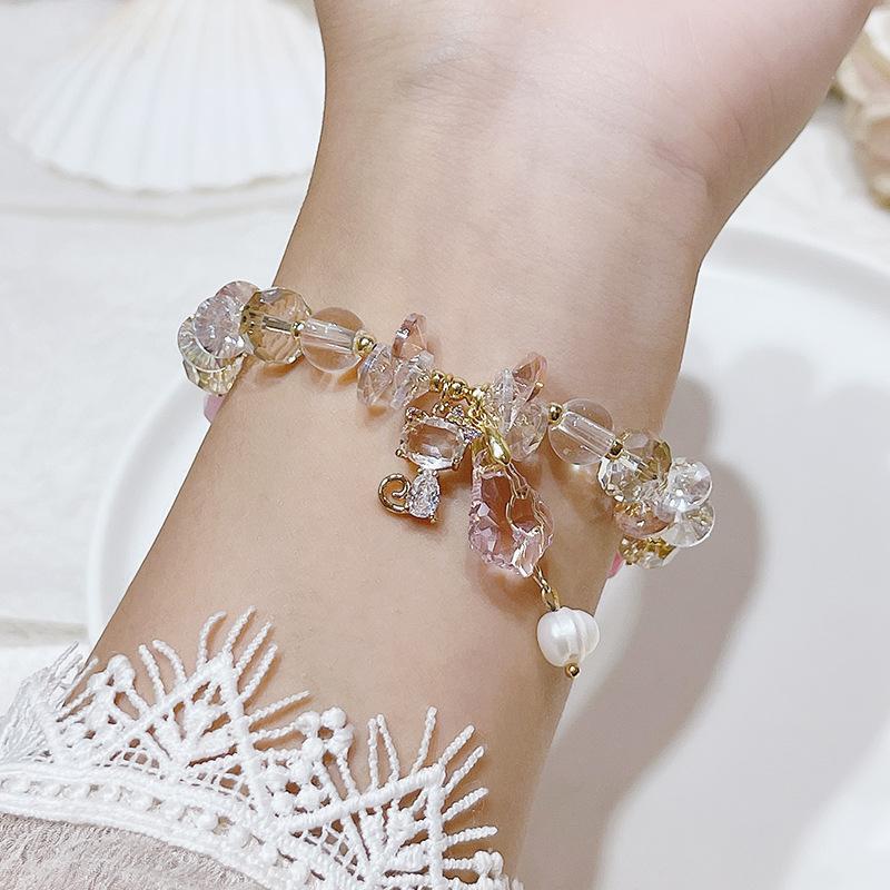 Women Diamond Crystal Candy Color Lucky Cat Pendant Bracelet
