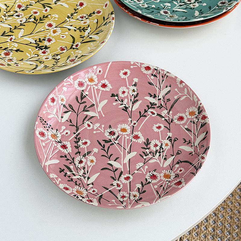 French Style Flower Pattern Ceramic Plates New Household 8 Inch High Aesthetic Dinner Tableware Colour Ceramic Glaze Plate