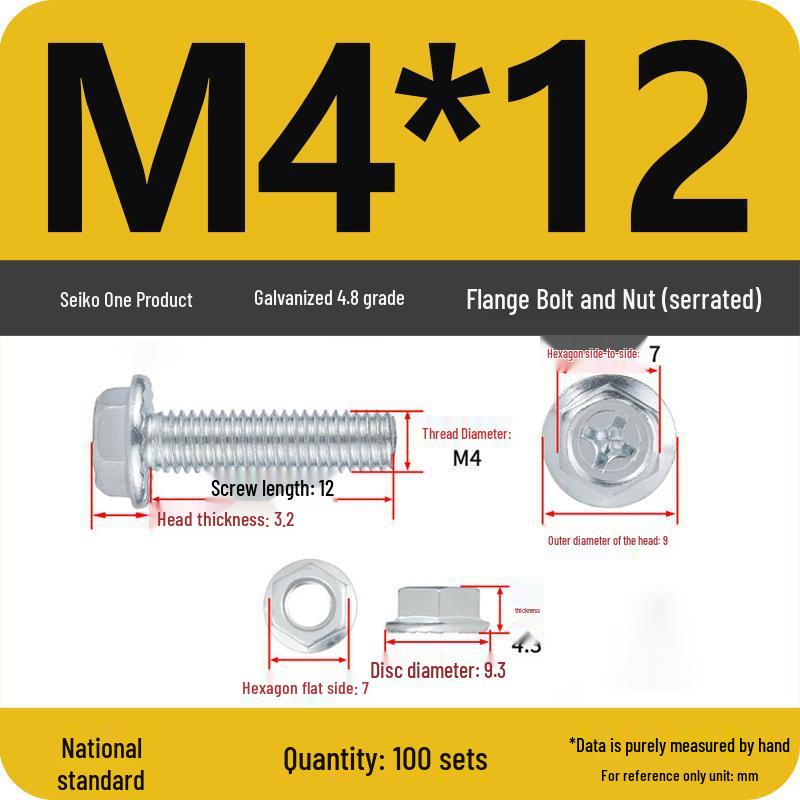 4.8 Grade Galvanized Hex Bolt Set with Anti-slip Washer & Nut, Cross Flange Head, M4/M5/M6/M8mm