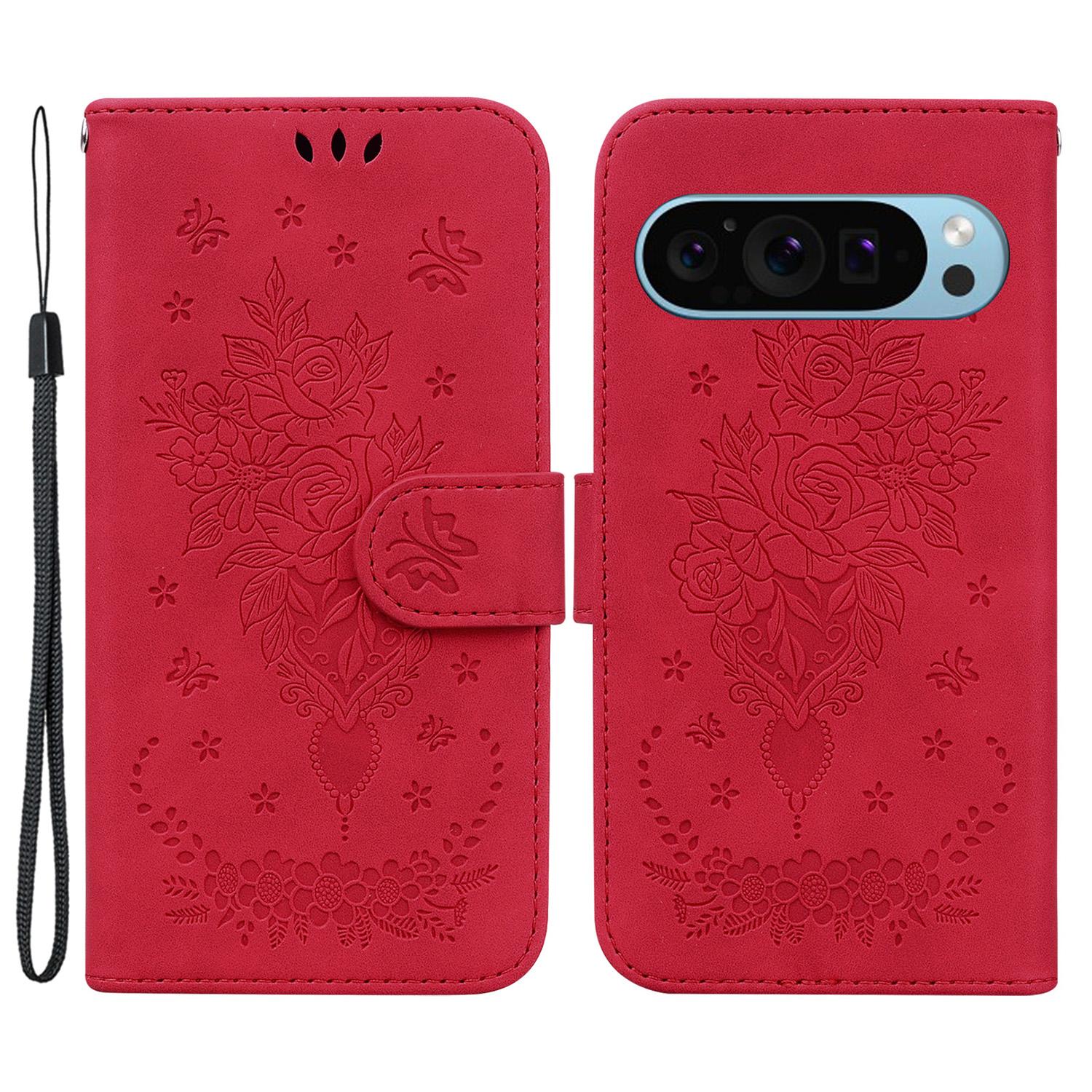 

For Google Pixel 9/Pixel 9 Pro Case Flower Pattern Shockproof Leather Folio Phone Cover Red