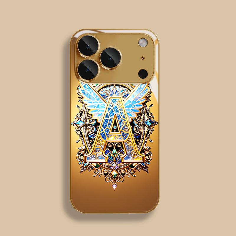 Blue Winged Gilded Letter A Tempered Glass Phone Case For iPhone 18 17 Pro Max 13 12 11 Pro Max 14 15 16 Plus 16E 17 Air Cover