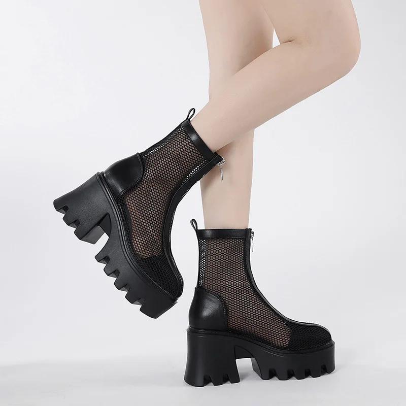 Fashion 2025 New Super High Heel Fashion Net Boots Women Flock Platform Zipper Ankle Boots Spring Summer Thick Heel Round Toe Boots