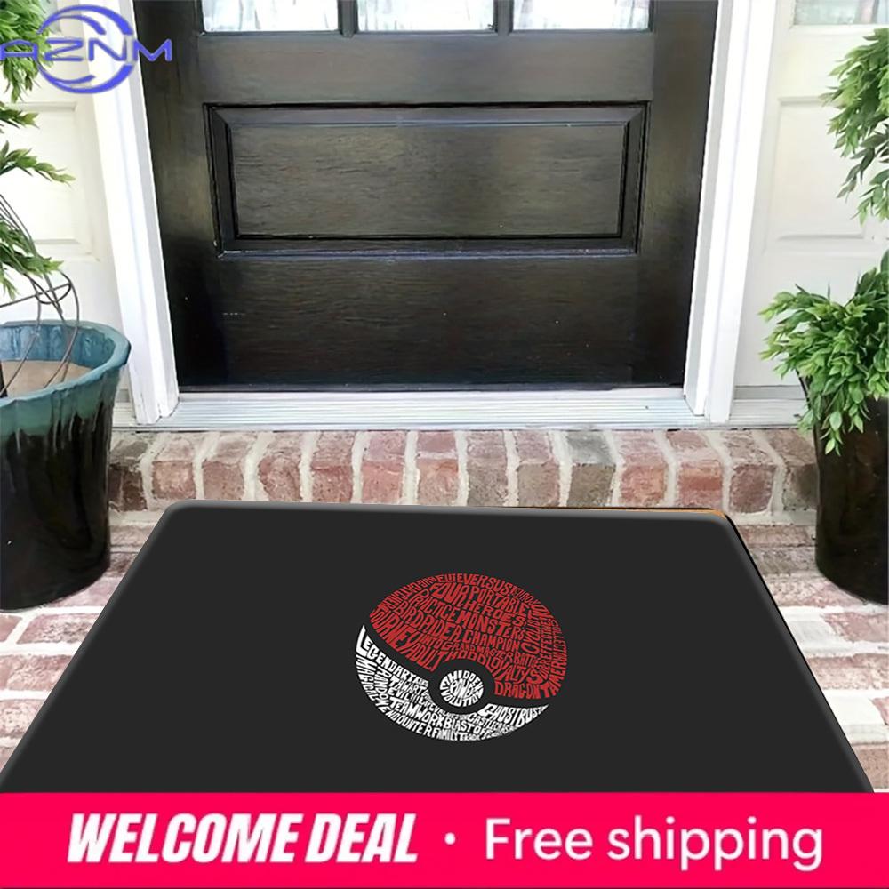 Pokemon Pokeball Word Art Print Non-Slip Doormat, Absorbent Floor Mat for Home Decor