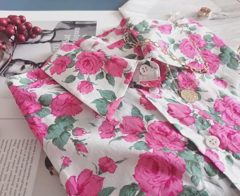 Retro Caroline Rose Print Cotton Long Sleeve Women's Shirt with Double Pockets